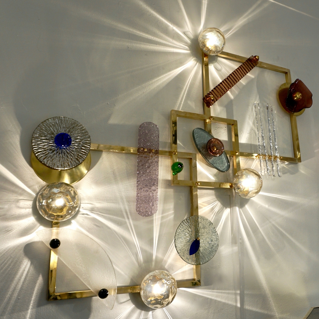 cosulich_interiors_and_antiques_products_new_york_design_Bespoke_Italian_Brass_Lit_Wall_Art_with_Blue_Pink_Purple_Glass_Floral_lighting_angled