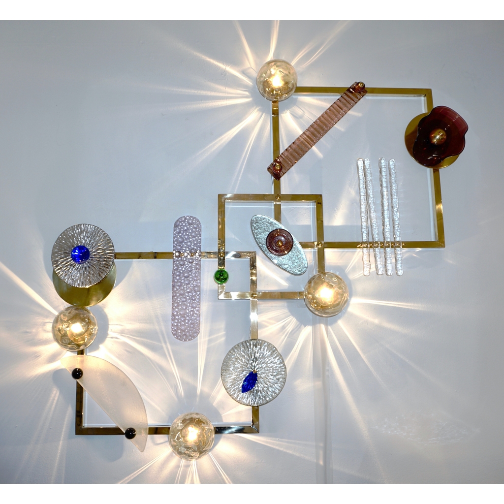 cosulich_interiors_and_antiques_products_new_york_design_Bespoke_Italian_Brass_Lit_Wall_Art_with_Blue_Pink_Purple_Glass_Floral_lighting_wide